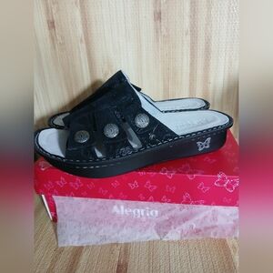 Alegria Leather Adjustable Slide Sandals  Julee Vinely Eu 42 11.5-12 Black Nwt